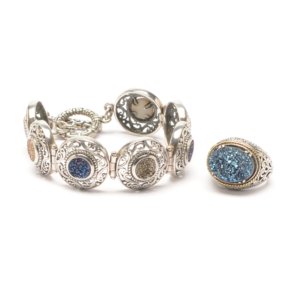Sterling Silver Druzy Stone Ring and Bracelet