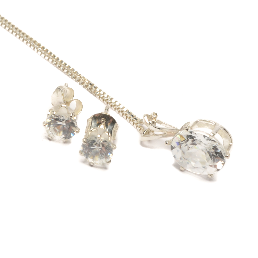 Sterling Silver and White Zircon Necklace and Earrings