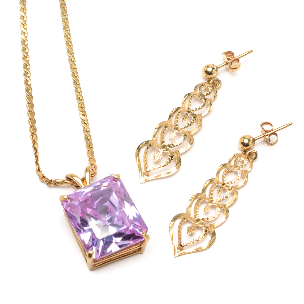14K Gold Amethyst Necklace and Drop Earrings