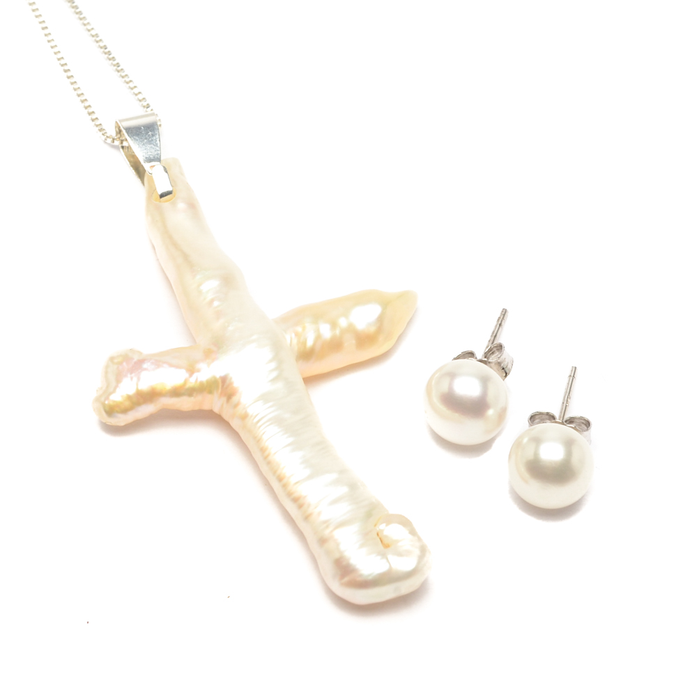 Sterling Silver and White Freshwater Pearl Necklace and Earrings