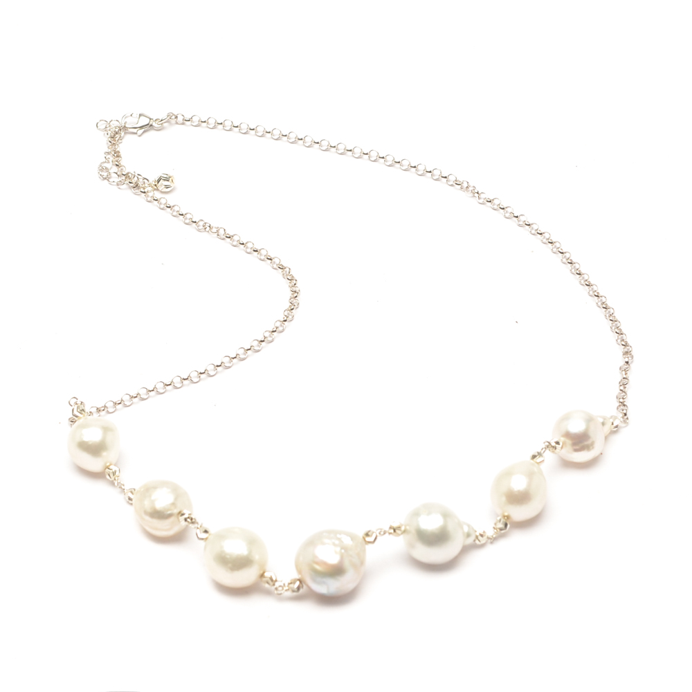 Sterling Silver Tin Cup Necklace with White Cultured South Sea Pearls