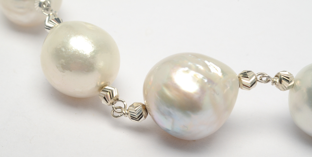 Sterling Silver Tin Cup Necklace with White Cultured South Sea Pearls