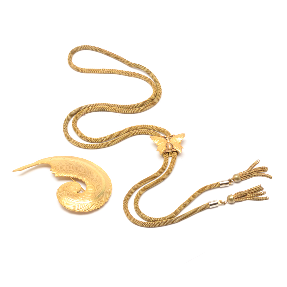 Vintage Miriam Haskell Butterfly Slide Necklace with Feather Pin