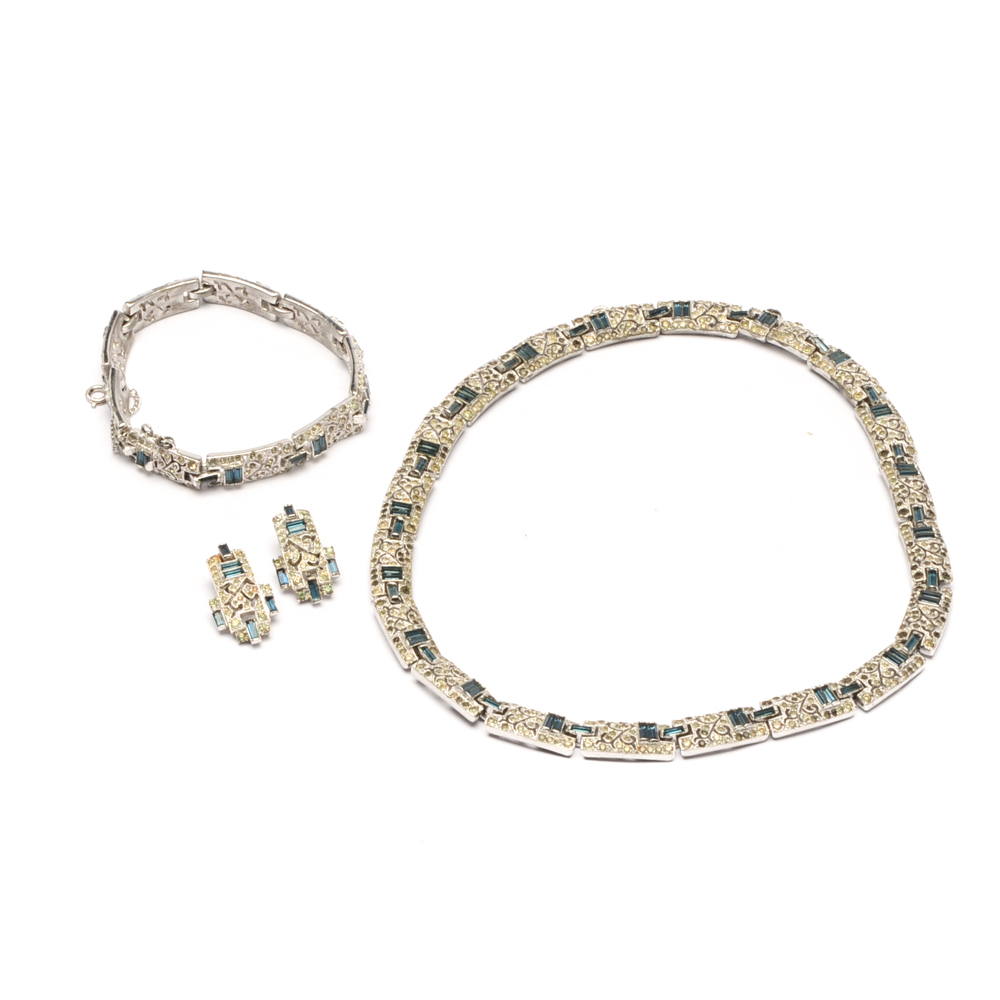 Vintage Silver Tone "Panetta" Rhinestone Jewelry Parure