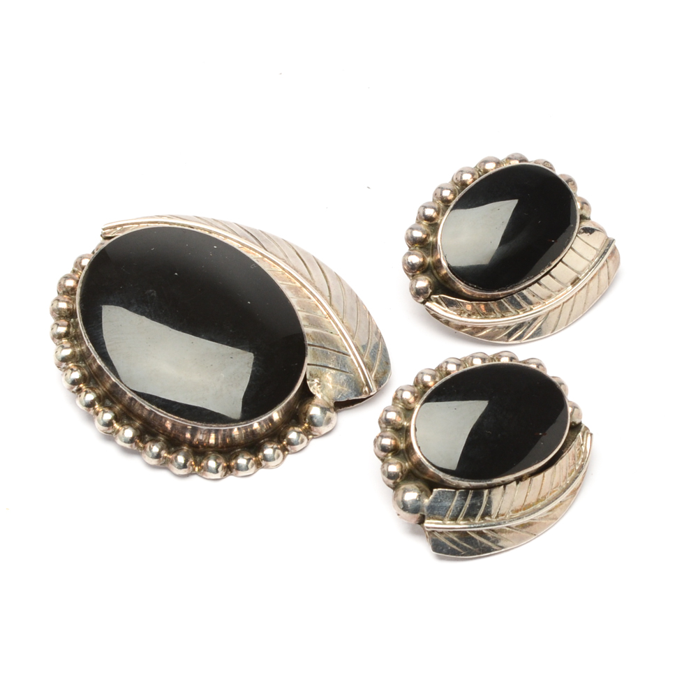 Sterling Silver and Black Onyx Brooch Pendant and Clip Earring Set