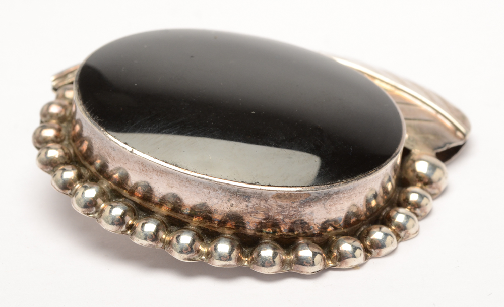 Sterling Silver and Black Onyx Brooch Pendant and Clip Earring Set