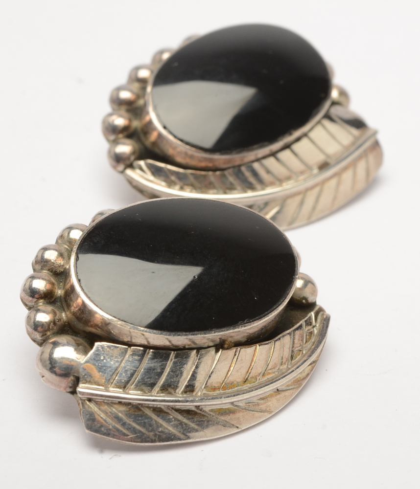 Sterling Silver and Black Onyx Brooch Pendant and Clip Earring Set