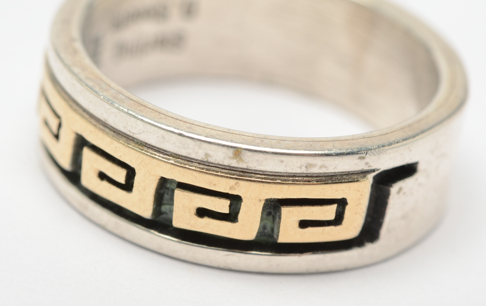 14K Yellow Gold and Sterling Silver Ring Signed by Navajo Diné Dave Skeets