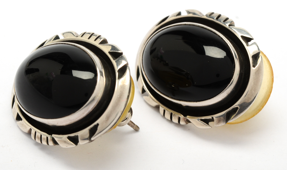 Signed Sterling Silver and Black Onyx Navajo Diné Earrings