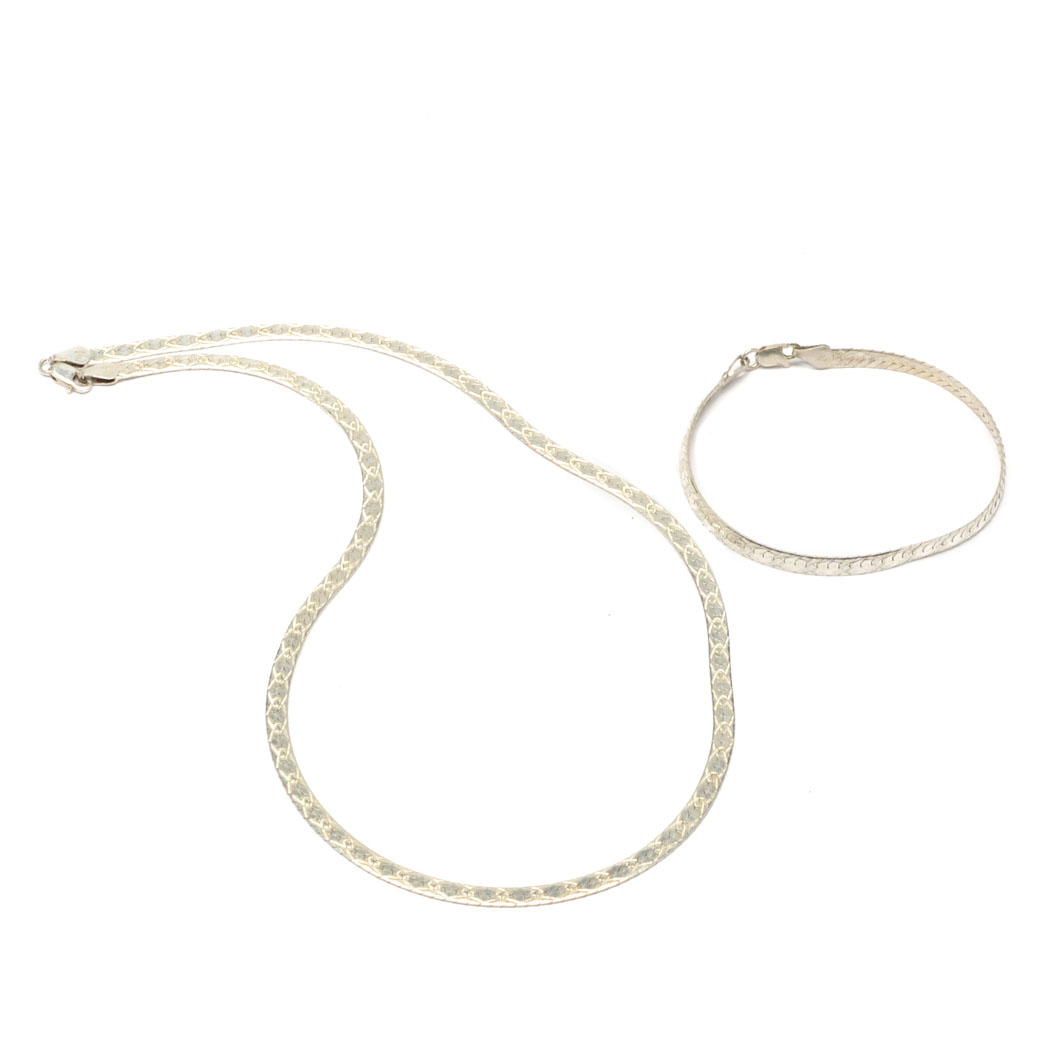 Sterling Silver Milor Italy Herringbone Chain Necklace and Bracelet