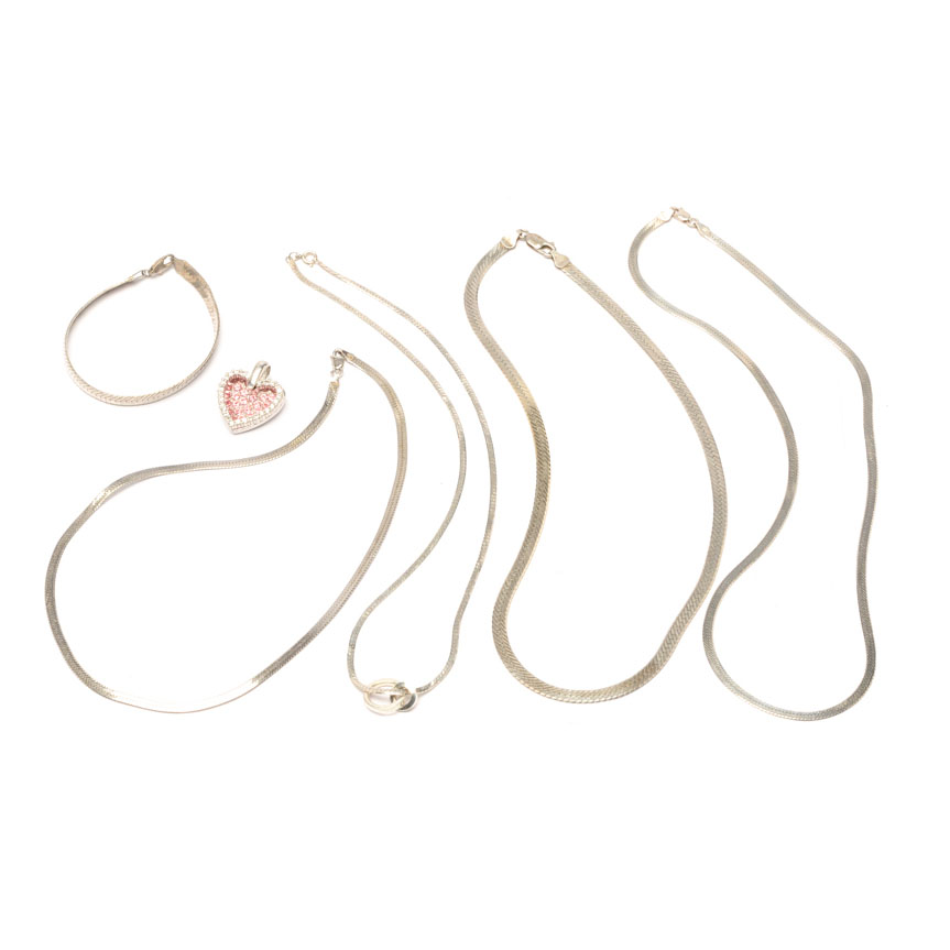 Sterling Silver Herringbone Chain Necklaces, Pendants and Bracelet