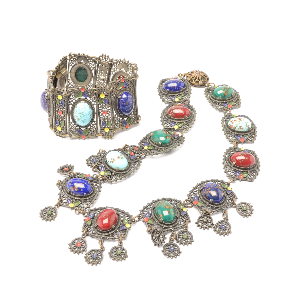 Vintage Bohemian Style Filigree Demi Parure with Czech Glass Cabochons