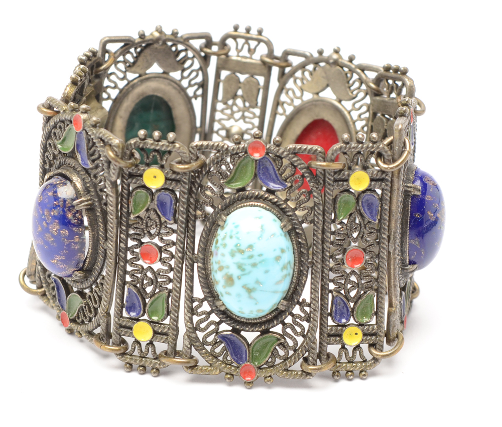 Vintage Bohemian Style Filigree Demi Parure with Czech Glass Cabochons