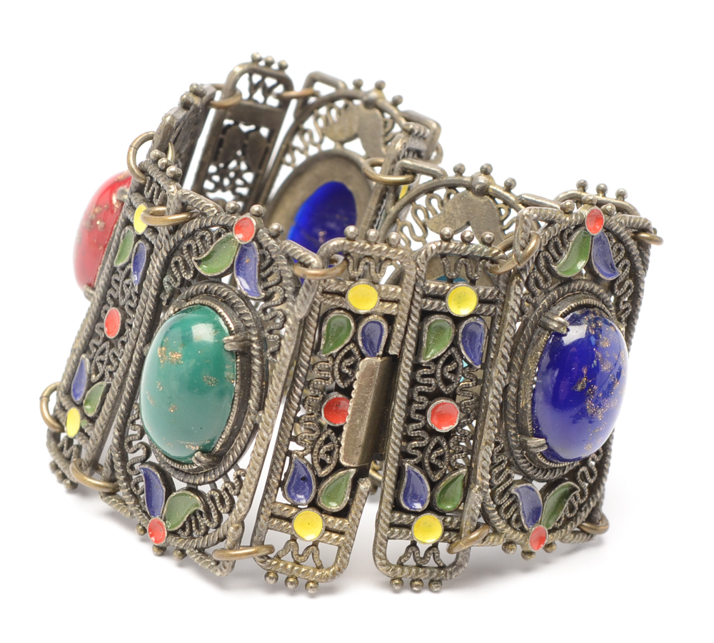 Vintage Bohemian Style Filigree Demi Parure with Czech Glass Cabochons