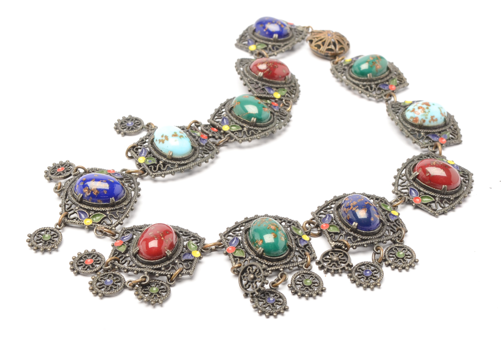 Vintage Bohemian Style Filigree Demi Parure with Czech Glass Cabochons