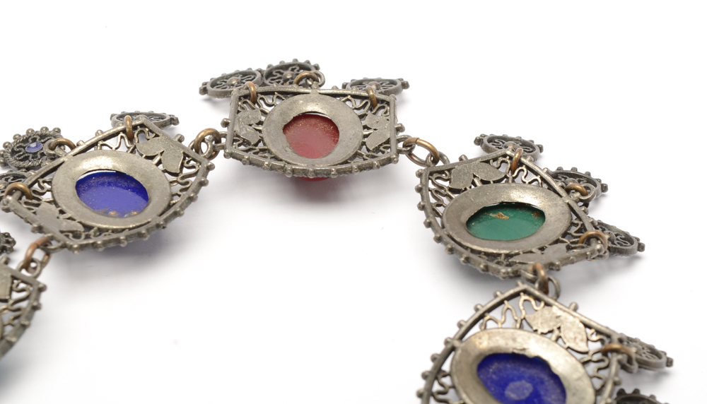 Vintage Bohemian Style Filigree Demi Parure with Czech Glass Cabochons