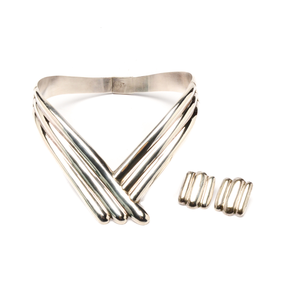 Sterling Silver Hinged Collar Necklace with Earrings Set