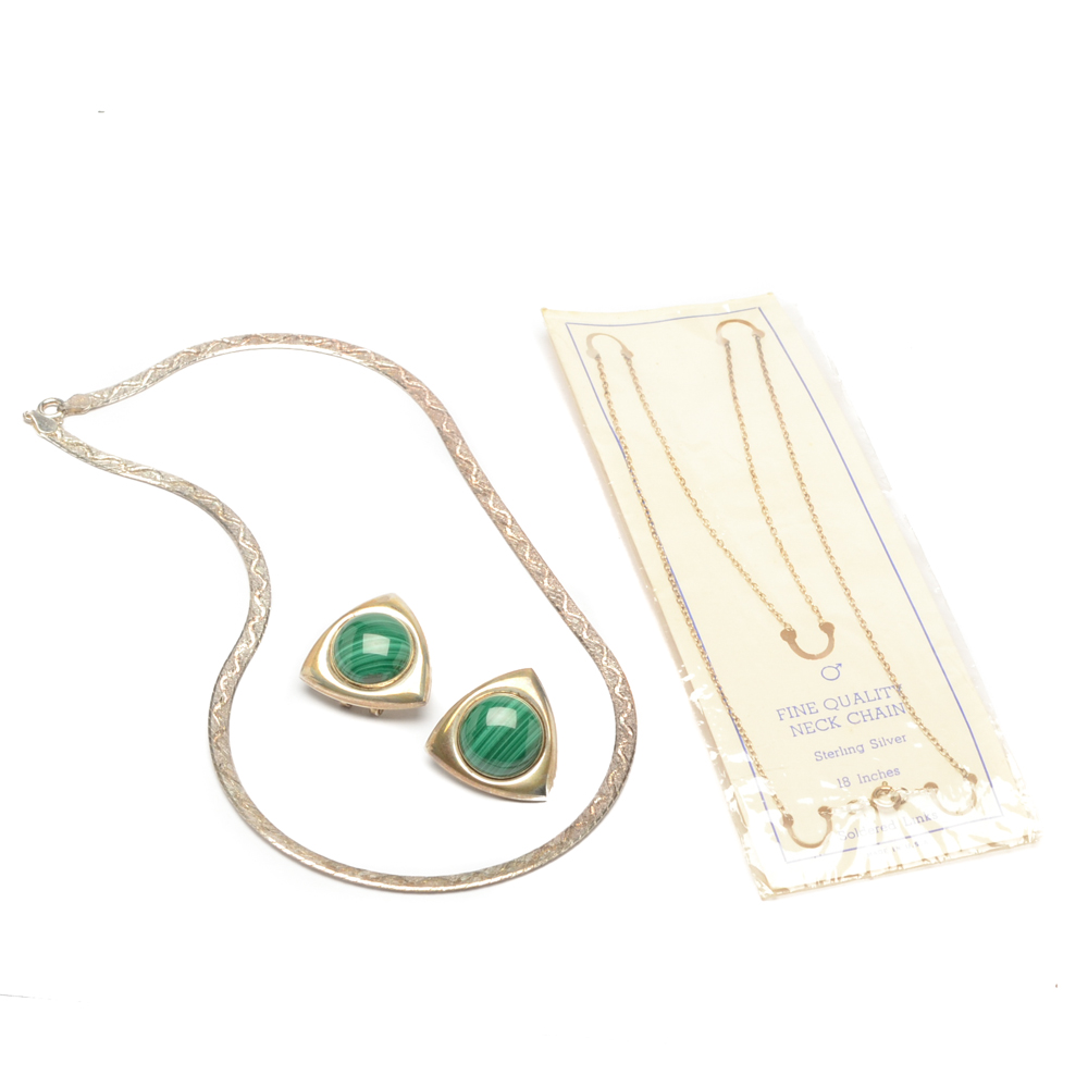 Sterling Silver Necklaces and Earrings with Malachite