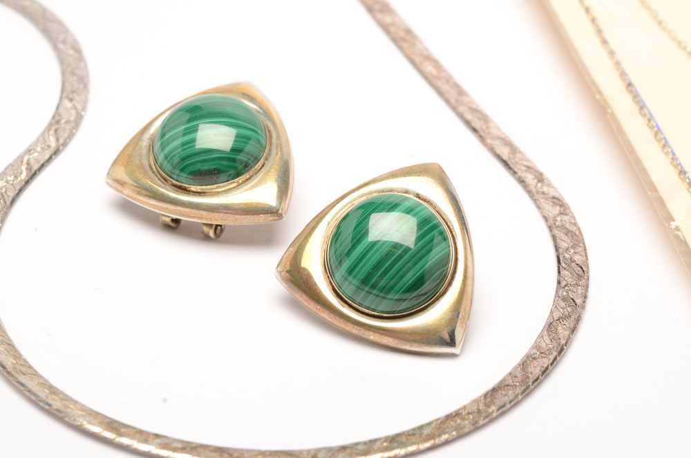 Sterling Silver Necklaces and Earrings with Malachite