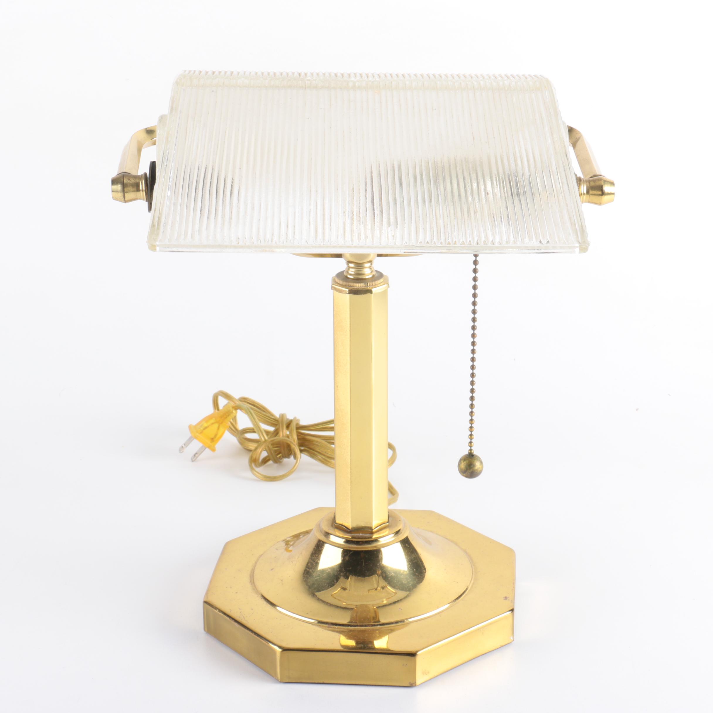 Vintage Clear Ribbed Glass and Brass Banker's Desk Lamp