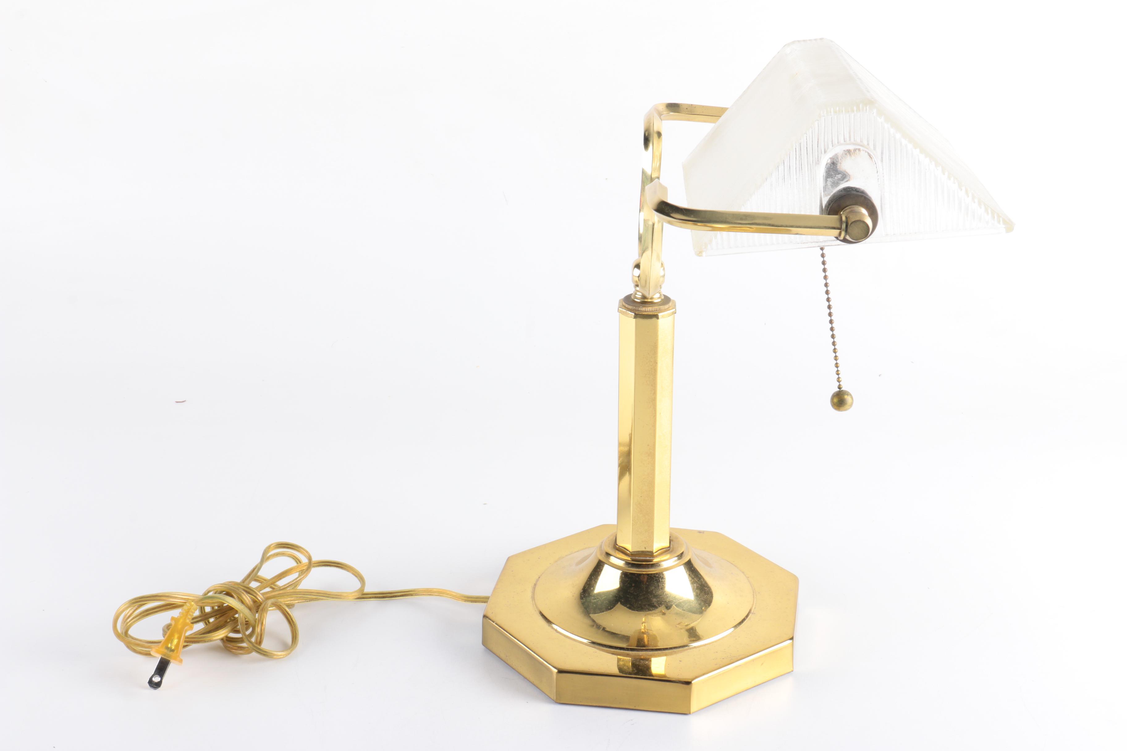 Vintage Clear Ribbed Glass and Brass Banker's Desk Lamp