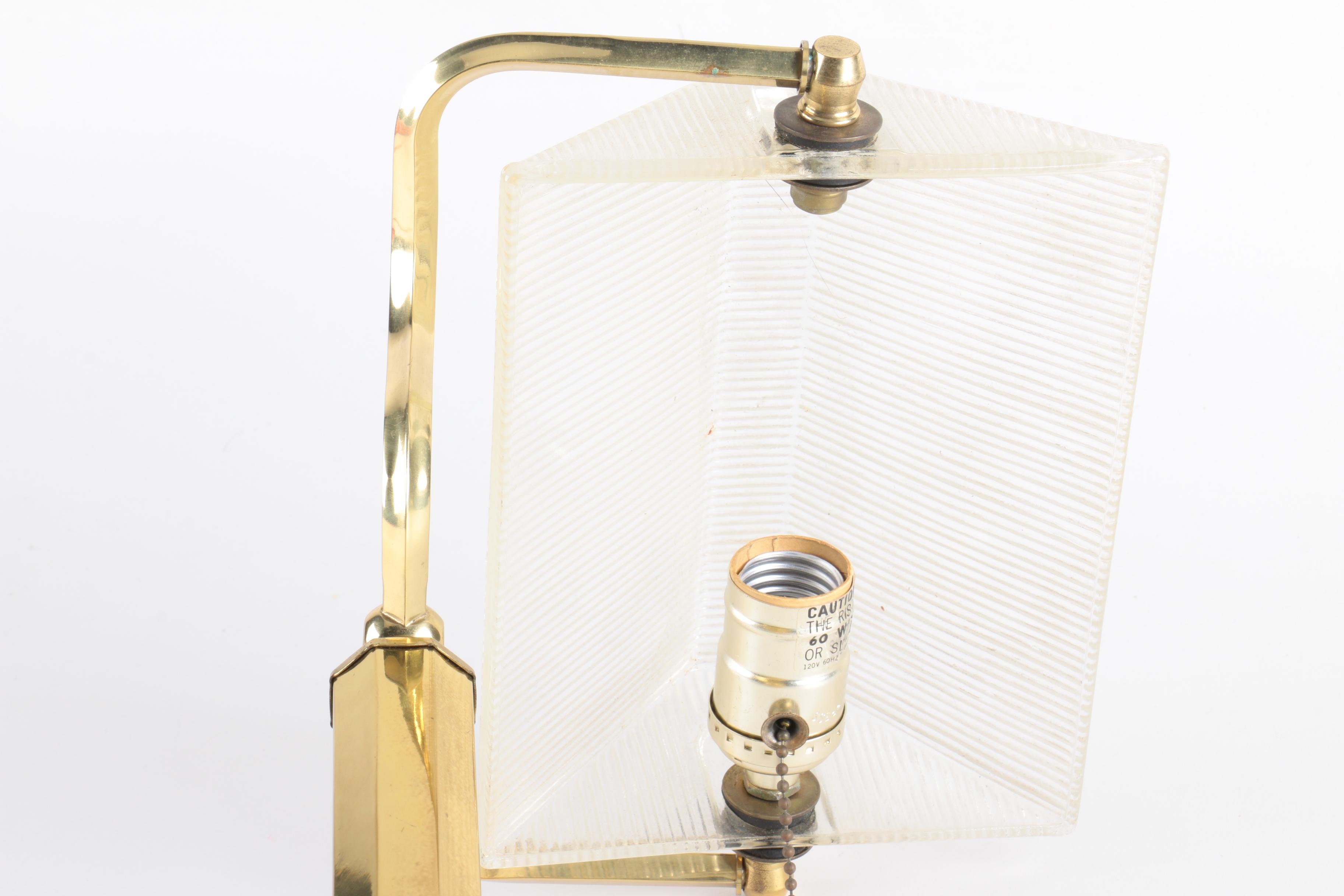 Vintage Clear Ribbed Glass and Brass Banker's Desk Lamp