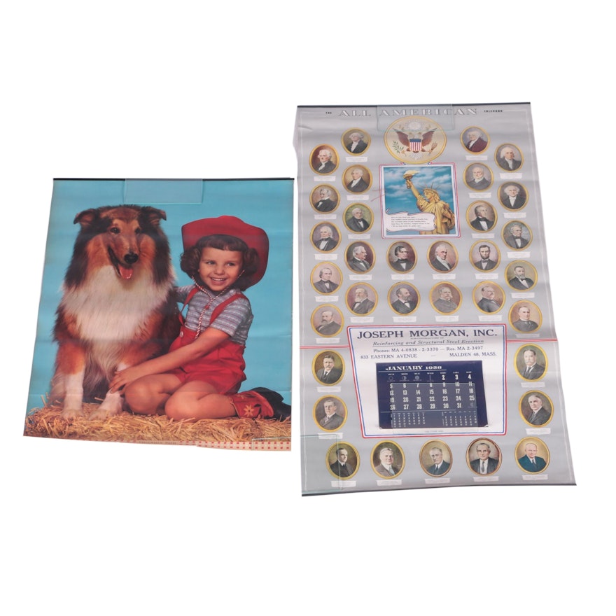 Vintage "All American" Themed Poster Calendar And Poster of Girl With Collie