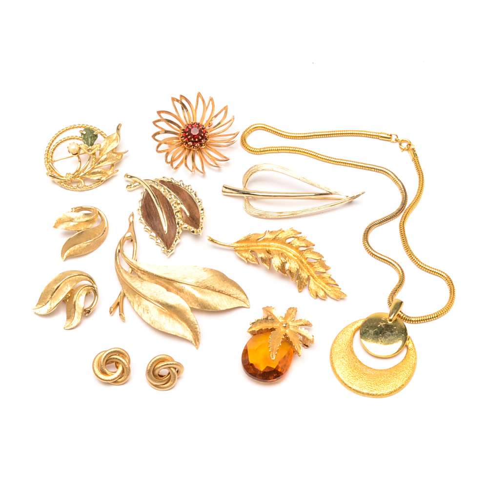 Vintage Gold Tone Costume Jewelry including Crown Trifari and Coro