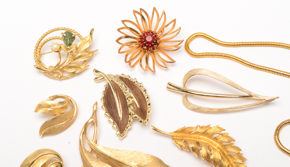 Vintage Gold Tone Costume Jewelry including Crown Trifari and Coro