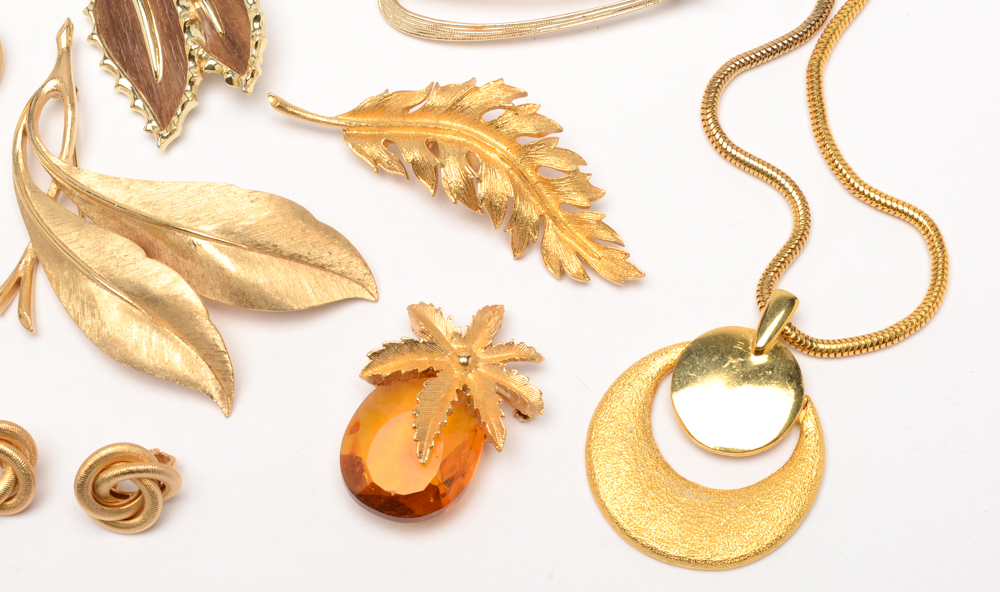 Vintage Gold Tone Costume Jewelry including Crown Trifari and Coro