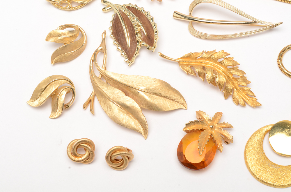 Vintage Gold Tone Costume Jewelry including Crown Trifari and Coro