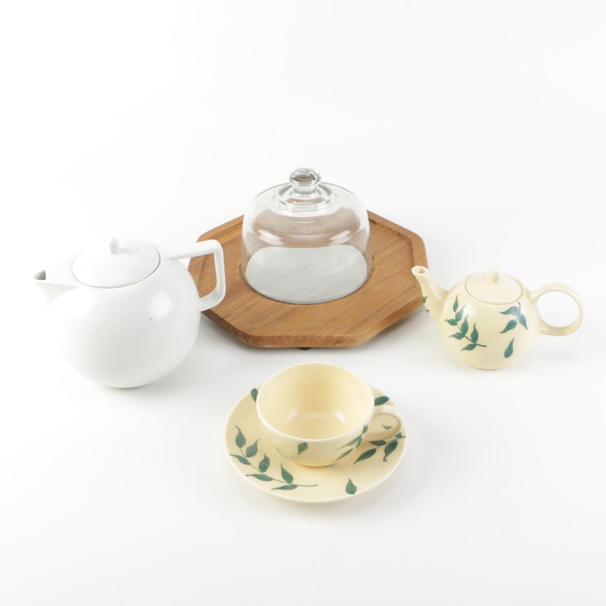 Pair of Ceramic Teapots with a Teak Cheese Server