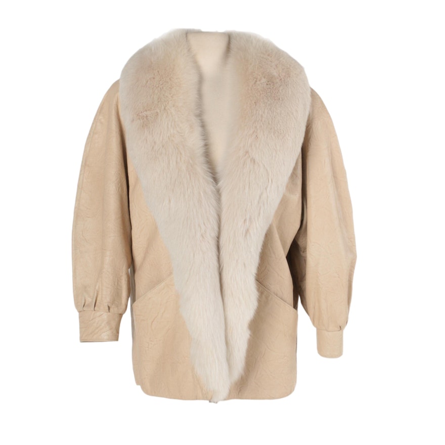 Women's Vintage Fox Fur Trimmed Leather Coat