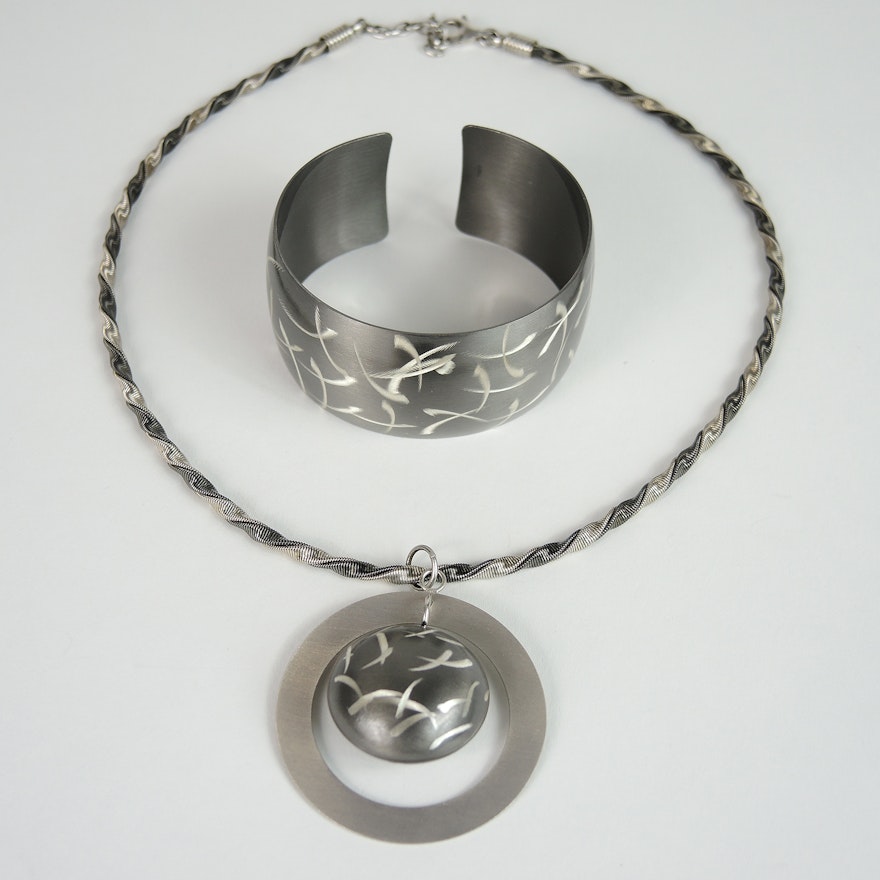 Contemporary Sterling Silver Etched Necklace and Bracelet