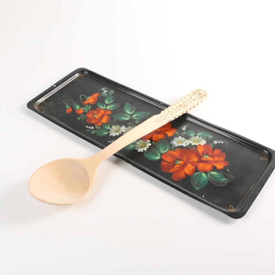 Decorative Wooden Ladle and Tole Metal Tray