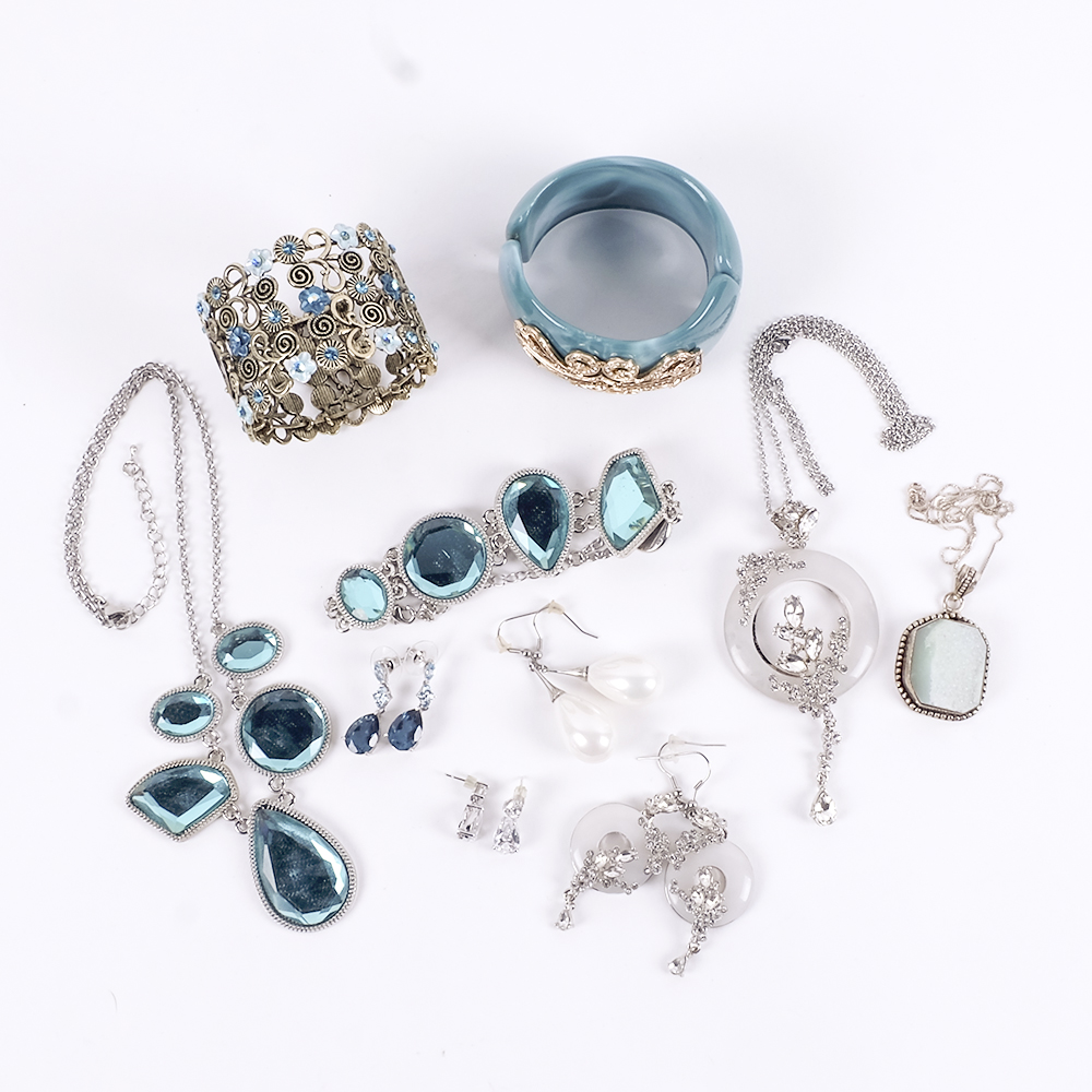 Assortment of Silver and Blue Costume Jewelry