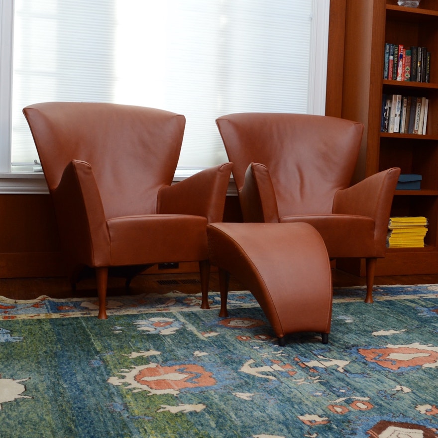 Pair of Contemporary Leather Chairs with Footstool