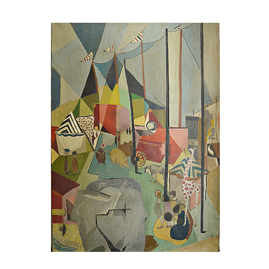 1946 Linnilli Cubist Style Oil on Canvas Circus Painting