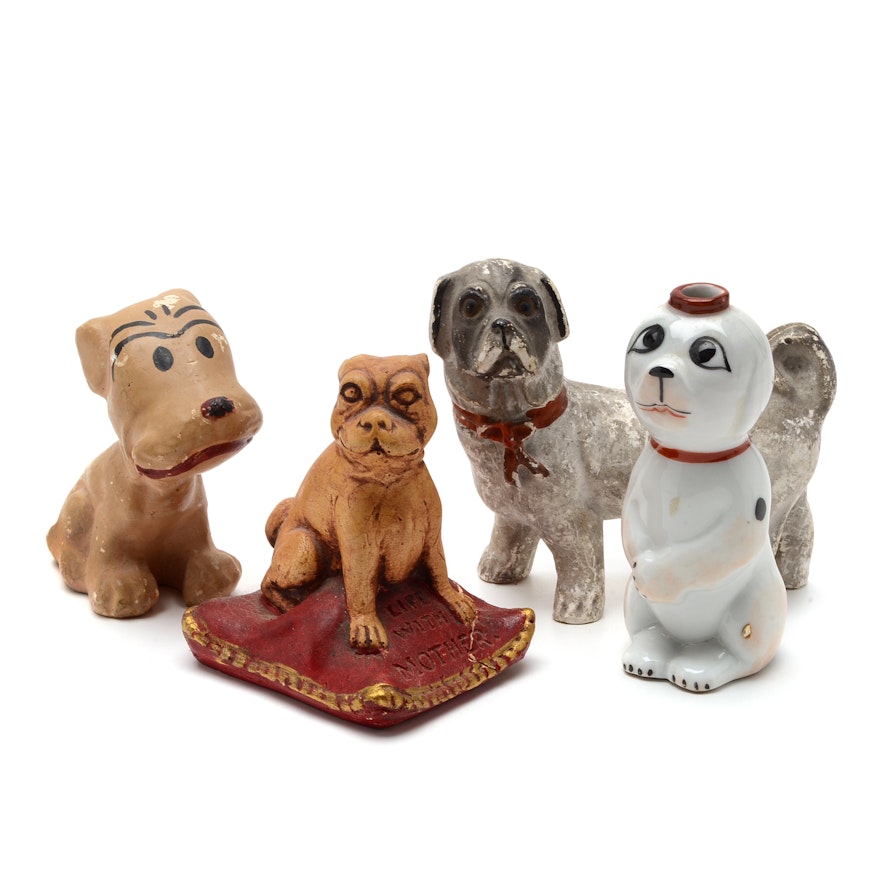 Three Vintage Chalkware Dog Figurines and a Porcelain Dog Garnier Liquor Bottle