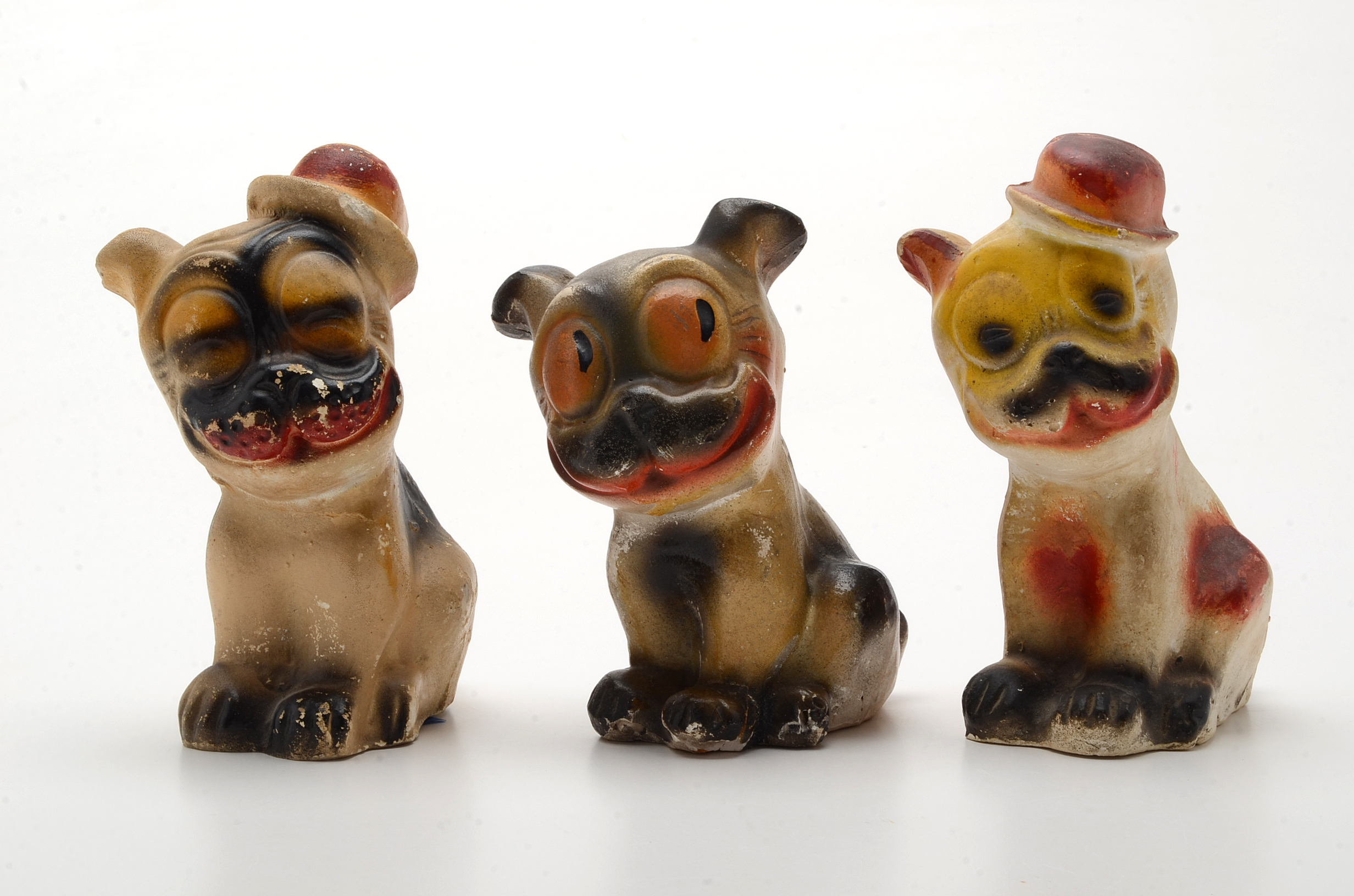Vintage 1930's Hand Painted Carnival Chalkware  "Bonzo" Dog  Figurines.