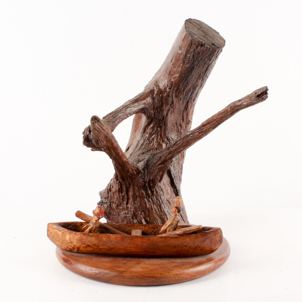 Hand-Carved Folk Art Sculpture of Tree and Canoe