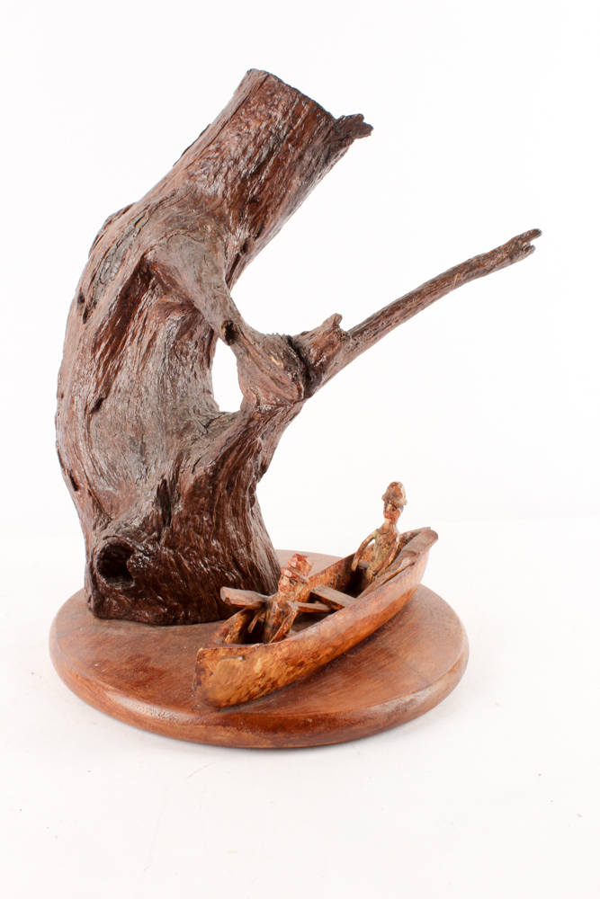 Hand-Carved Folk Art Sculpture of Tree and Canoe