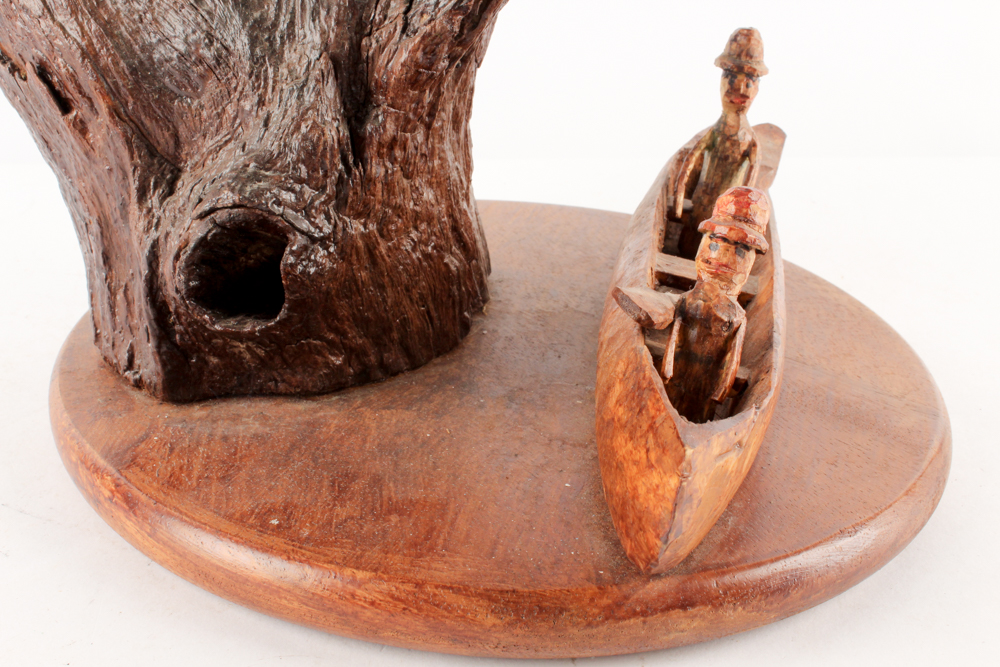 Hand-Carved Folk Art Sculpture of Tree and Canoe