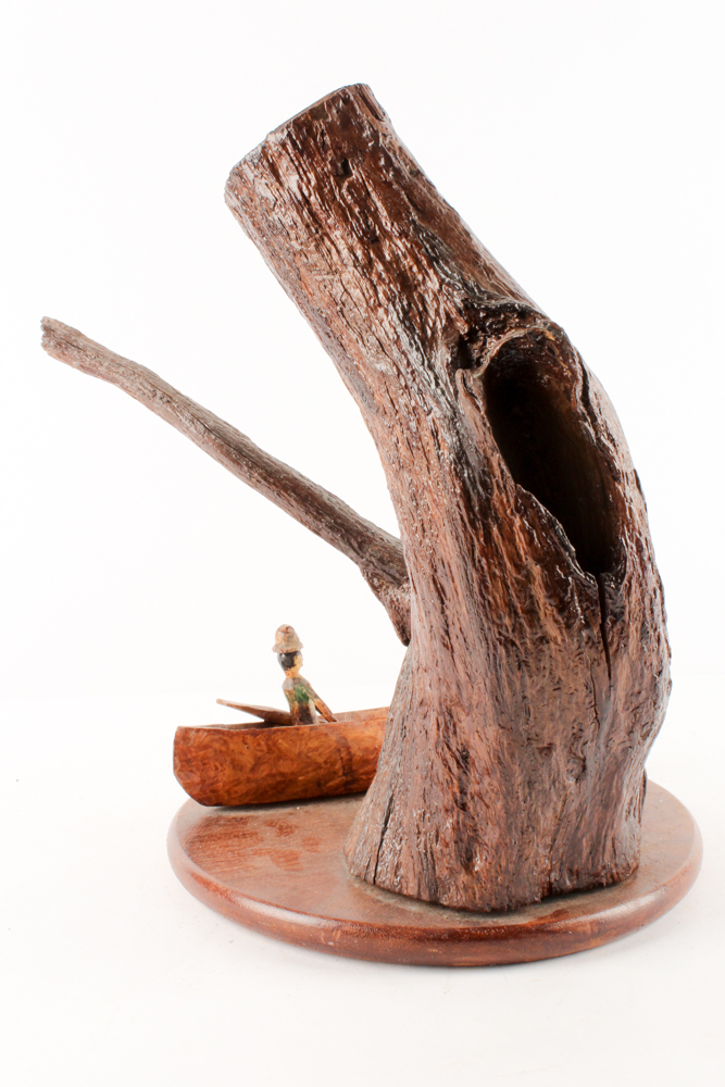 Hand-Carved Folk Art Sculpture of Tree and Canoe