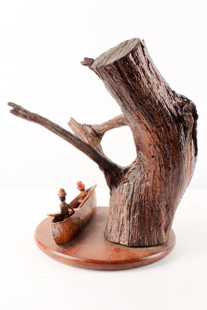 Hand-Carved Folk Art Sculpture of Tree and Canoe