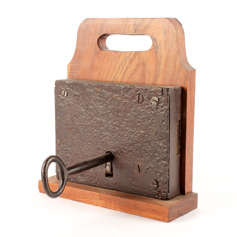 Antique Wood-Mounted Rim Lock and Key