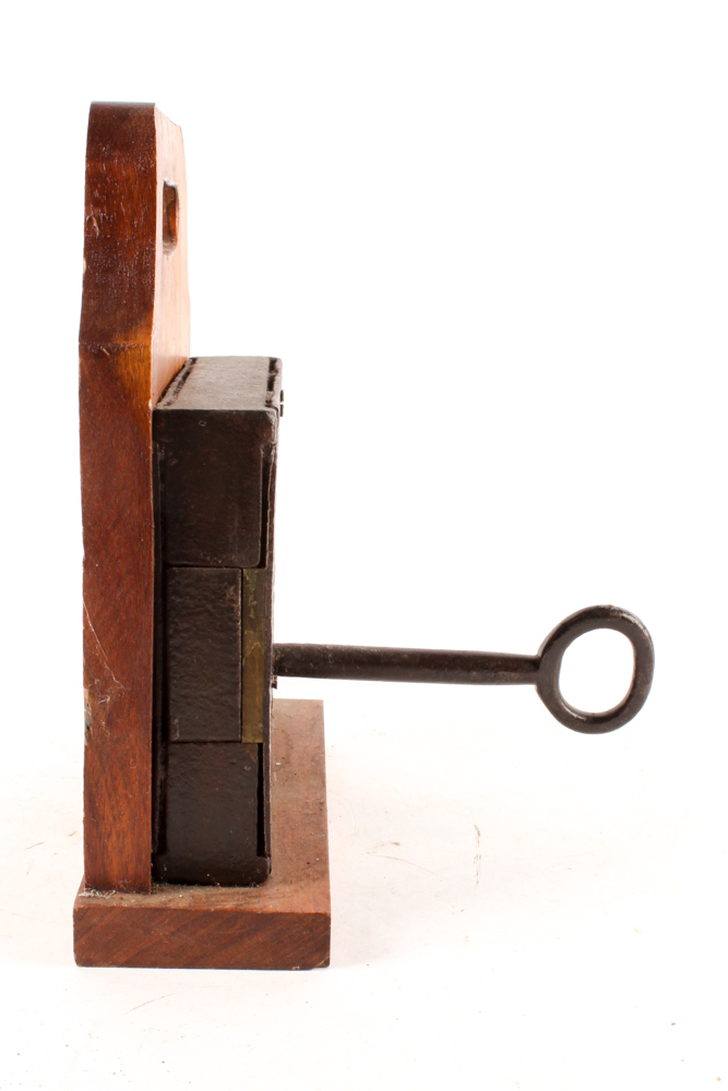 Antique Wood-Mounted Rim Lock and Key