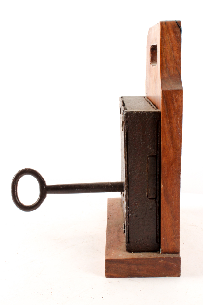 Antique Wood-Mounted Rim Lock and Key