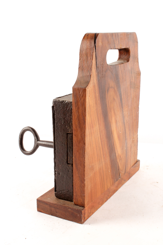 Antique Wood-Mounted Rim Lock and Key