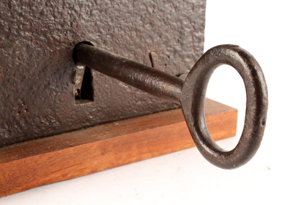 Antique Wood-Mounted Rim Lock and Key